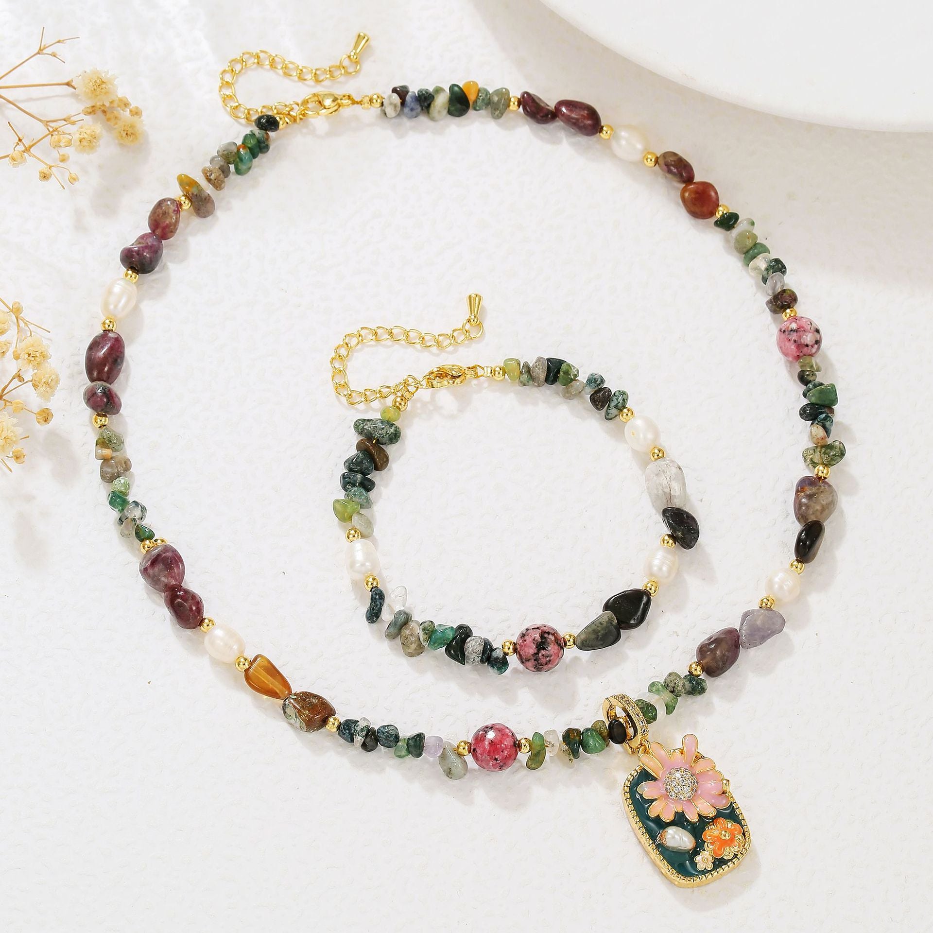 Zensoullab Freshwater Pearl Natural Stone Necklace Bracelet Maillard Tourmaline Agate Stone Beads String Sweater Chain