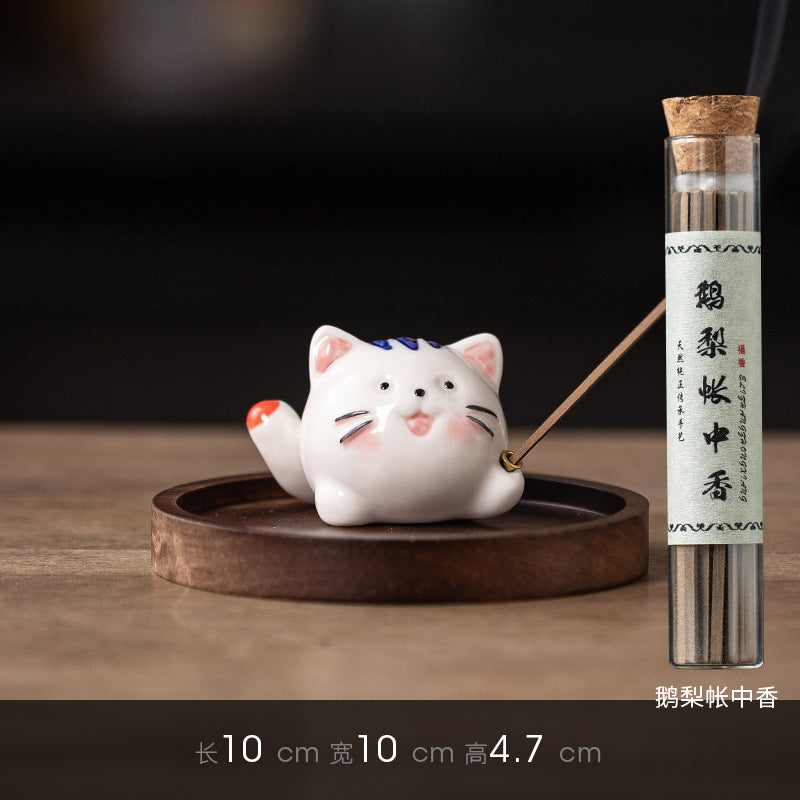 zensoullab Creative Ceramic Cute Little Cat Incense Holder Base Incense Tray Tea Room Tea Table Small Incense Burner Ornament Incense Burner