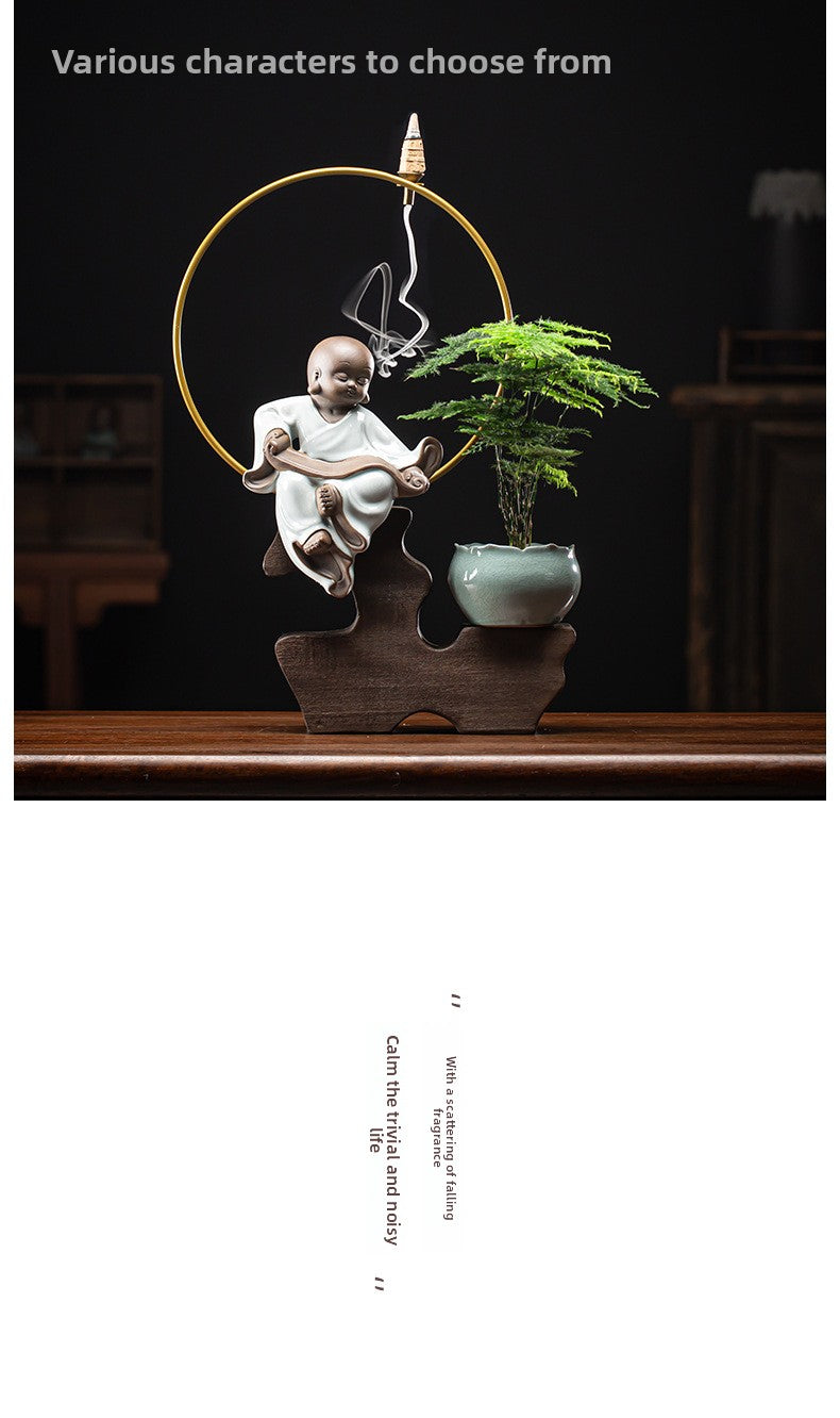 zensoullab Zen Style Backflow Incense Burner Ornament Sha Mi Monk Chinese Style Home Living Room Office Potted Incense Burner Gift