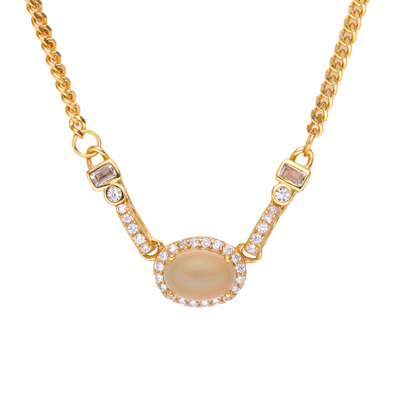 zensoullabs 925 Sterling Silver Inlaid Natural Opal Cabochon Pendant for Women Vintage Light Luxury Palace Style Necklace Accessory