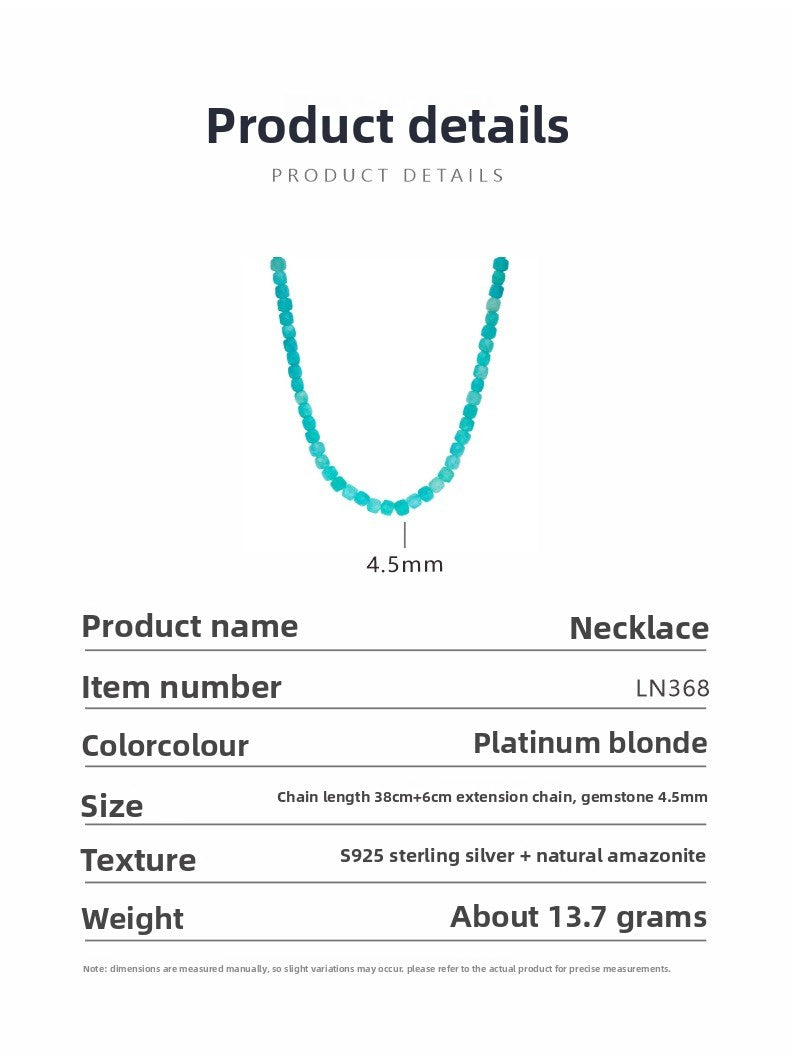 zensoullab Live S925 Sterling Silver Natural Amazonite Gemstone Beaded Necklace for Women Collarbone Chain