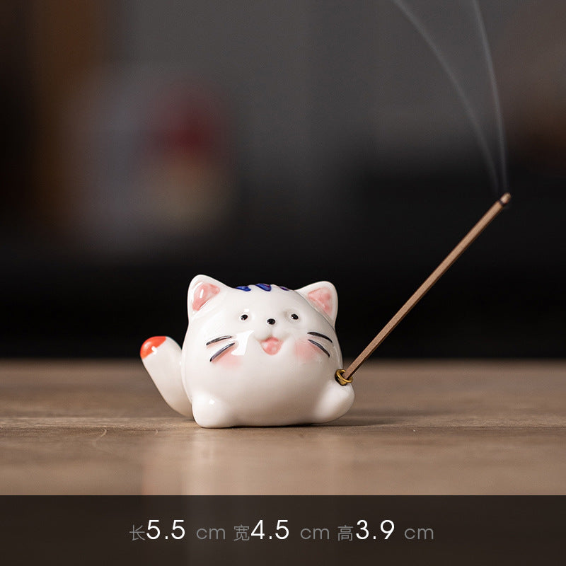 zensoullab Creative Ceramic Cute Little Cat Incense Holder Base Incense Tray Tea Room Tea Table Small Incense Burner Ornament Incense Burner
