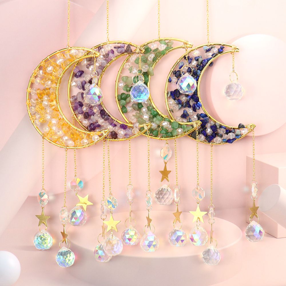zensoullab Handmade Beaded Natural Crystal Crushed Stone Moon Star Wind Chime Craft Decoration Pendant Sun Catcher
