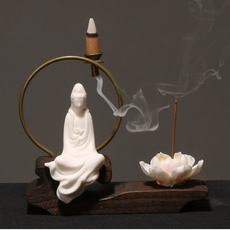 zensoullab Creative Chinese Ceramic Ornament Phaseless Buddha Statue Home Backflow Incense Burner Sandalwood Aromatherapy Burner Incense Holder Incense Device Wooden Incense Stand