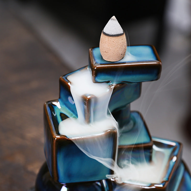 zensoullab Ceramic Mountain Water Backflow Incense Burner Ornament Creative Round Ball Square Blue Backflow Aromatherapy Burner Home Decor