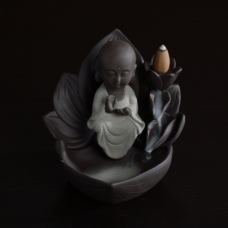 zensoullab Gift Ceramic Little Monk Retro Backflow Incense Burner Home Aromatherapy Burner Feng Shui Ornament Creative Guanyin Buddha Statue