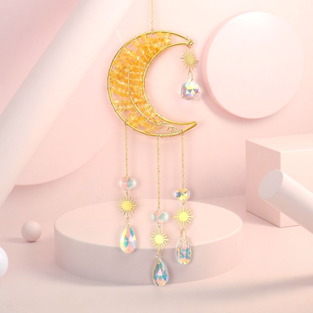 zensoullab Handmade Wire Wrapped Natural Crystal Gravel Tree of Life Moon Sun Catcher Hanging Ornament Wind Chime Decoration Pendant