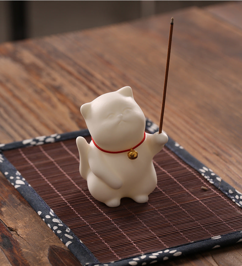 Zensoullab Creative Cute Lucky Cat Ceramic Decoration Cute Cat Tea Ornaments Pen Holder Home Indoor Sandalwood Incense Stick Holder Incense Ceremony Incense Holder
