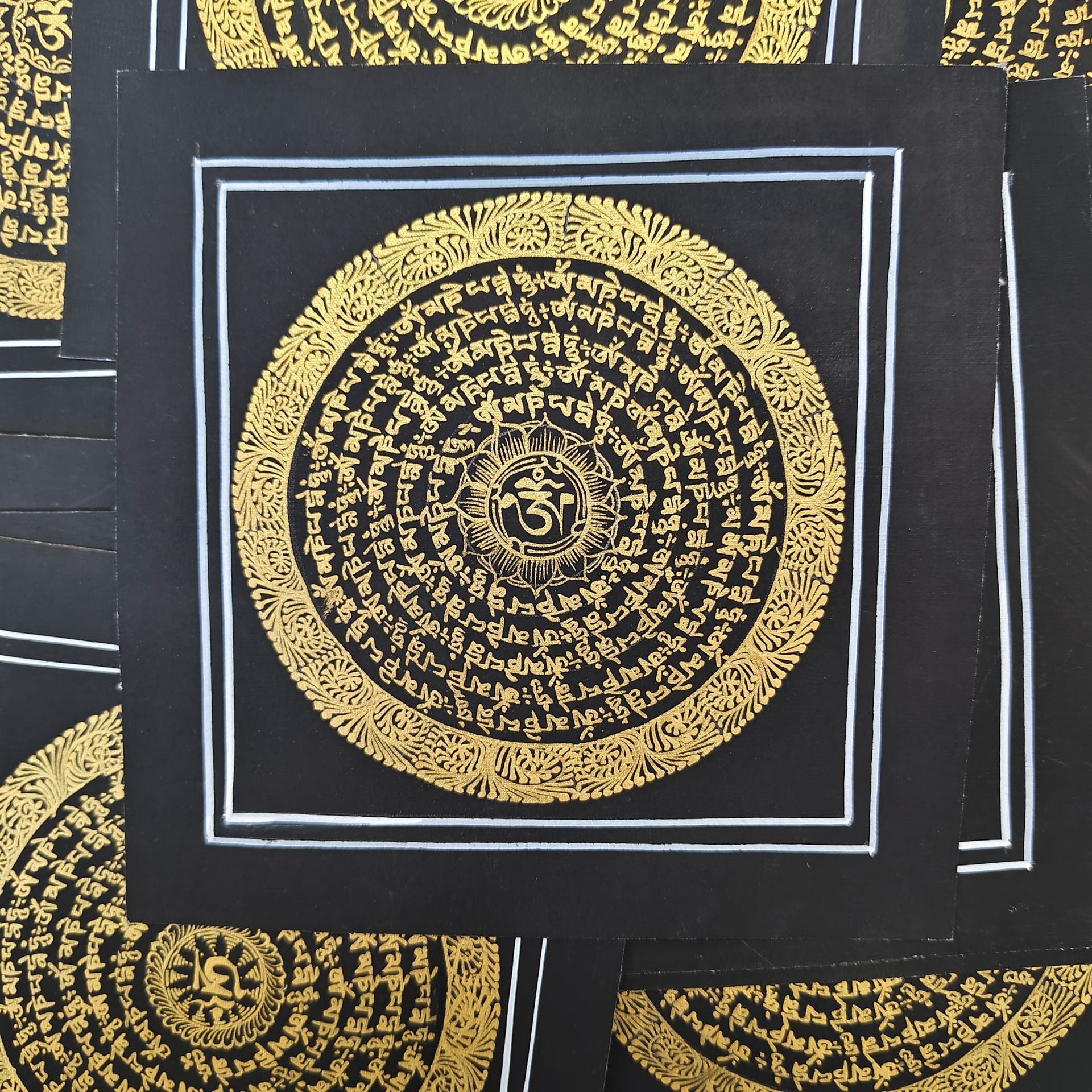 zensoullab Nepal Hand-painted Black Gold Sutra Thangka Tibetan Six-word Mantra Mandala Entrance Living Room Decorative Hanging Painting