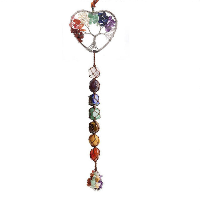 zensoullab7 Colorful Stone Seven Colors Crystal Raw Stone Hand-woven Pendant Natural Stone Tree of Life Car Hanging Dream Catcher Ornament