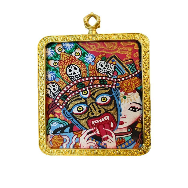zensoullab Nepal Hand-painted Female God of Wealth Zaki Ram Past and Present Life Thangka Tibetan God of Wealth Small Thangka Gawu Box Pendant