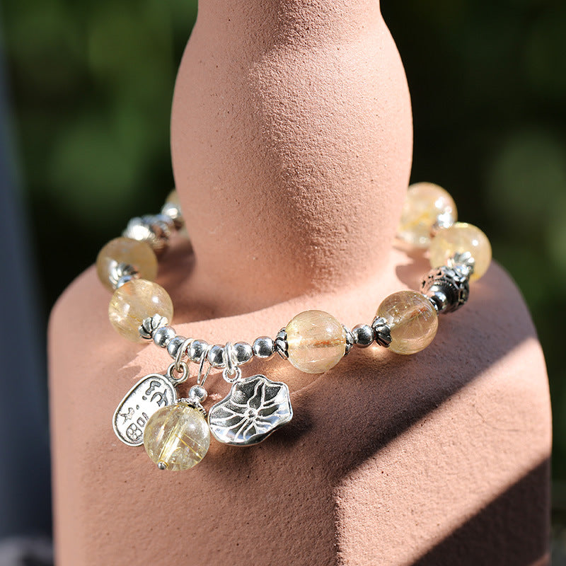 zensoullab Natural Golden Rutilated Quartz Bracelet for Women S925 Silver Lotus Tassel Bracelet High-end Crystal Bracelet
