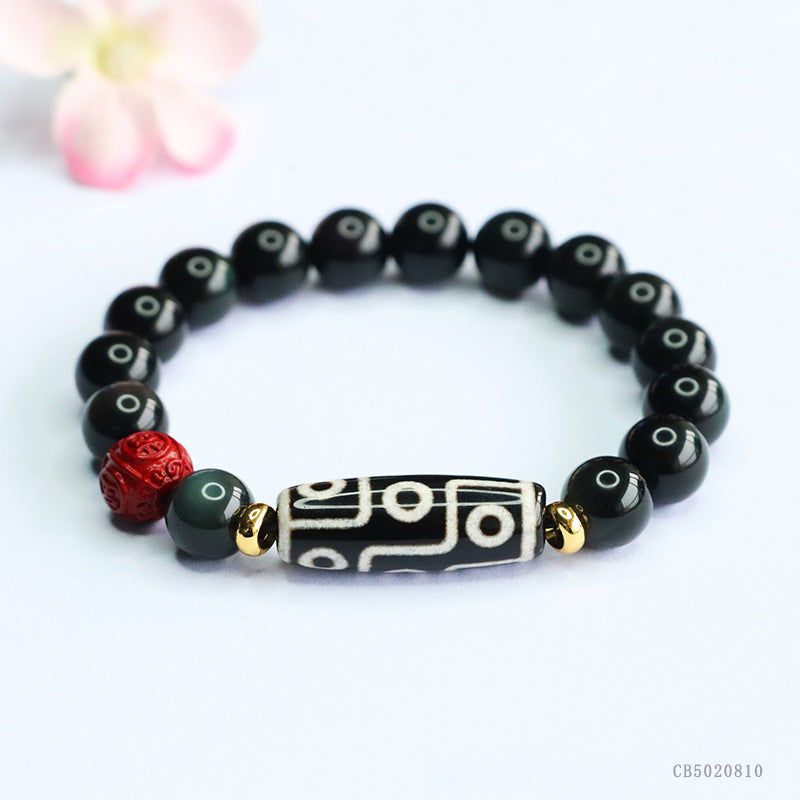 zensoullab Natural Obsidian Bracelet Nine-Eyed Dzi Bead Agate Bracelet Tibetan Style Jewelry