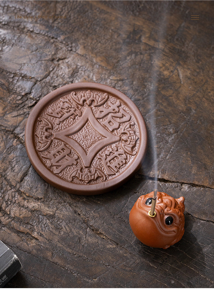 zensoullab Creative Ceramic Cute Fortune Golden Toad Purple Clay Tea Pet Ornament Aromatherapy Burner Home Indoor Incense Holder Incense Stand Incense Ceremony