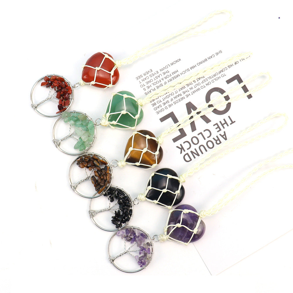 zensoullab Natural Crystal Heart-shaped Woven Net Bag Tree of Life Pendant Car Hanging Bag Accessories