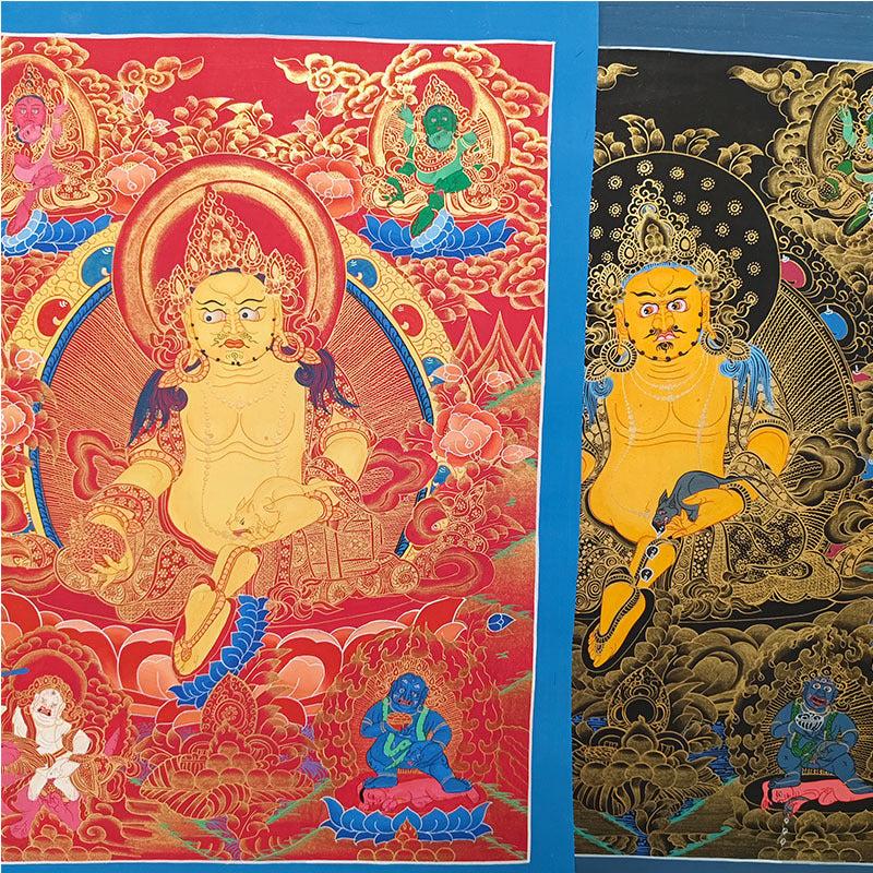 zensoullab Nepal Hand-painted Yellow God of Wealth Thangka Classic Red Thangka Black Thangka Five Gods of Wealth Buddha Tibetan Buddhist Hall Worship Decoration Hanging Painting