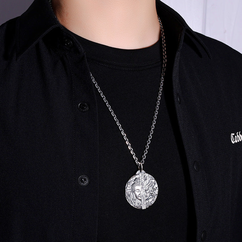 zensoullab Thai Silver Vintage Buddha and Demon One Thought Pendant Men's Solid Vintage Round Large Buddha Pendant Chinese Style Necklace