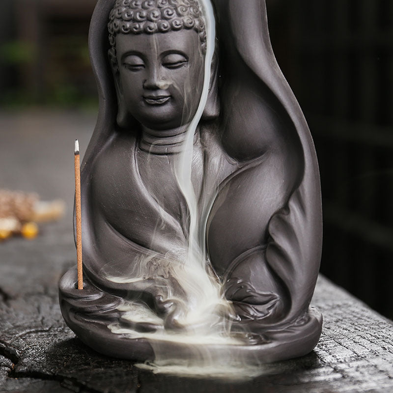 zensoullab Purple Clay Sandalwood Backflow Incense Burner Creative Bodhi Leaf Tathagata Buddha Smoke Backflow Incense Burner Craft Ornament