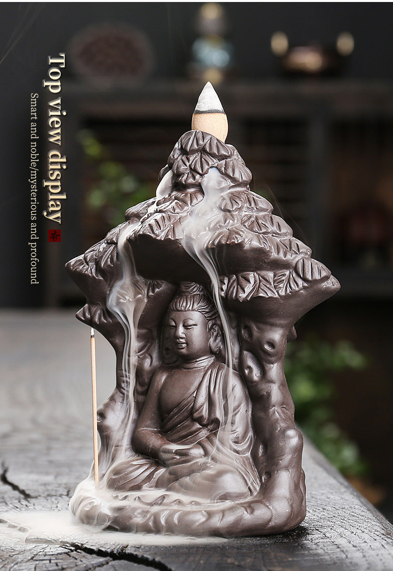 zensoullab Purple Clay Backflow Incense Burner Creative Bodhi Tree Buddha Backflow Incense Burner Home Decor Craft Ornament