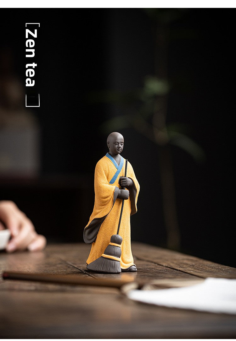 zensoullab Creative Ceramic Figure Sweeping Monk Zen Little Monk Ornament Home Living Room Curio Shelf Tea Room Bonsai Decoration