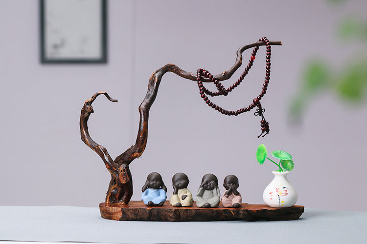 zensoullab Zen New Chinese Style Root Carving Set Ornament Purple Clay Little Monk Living Room TV Cabinet Tea Table Entrance Creative Decoration