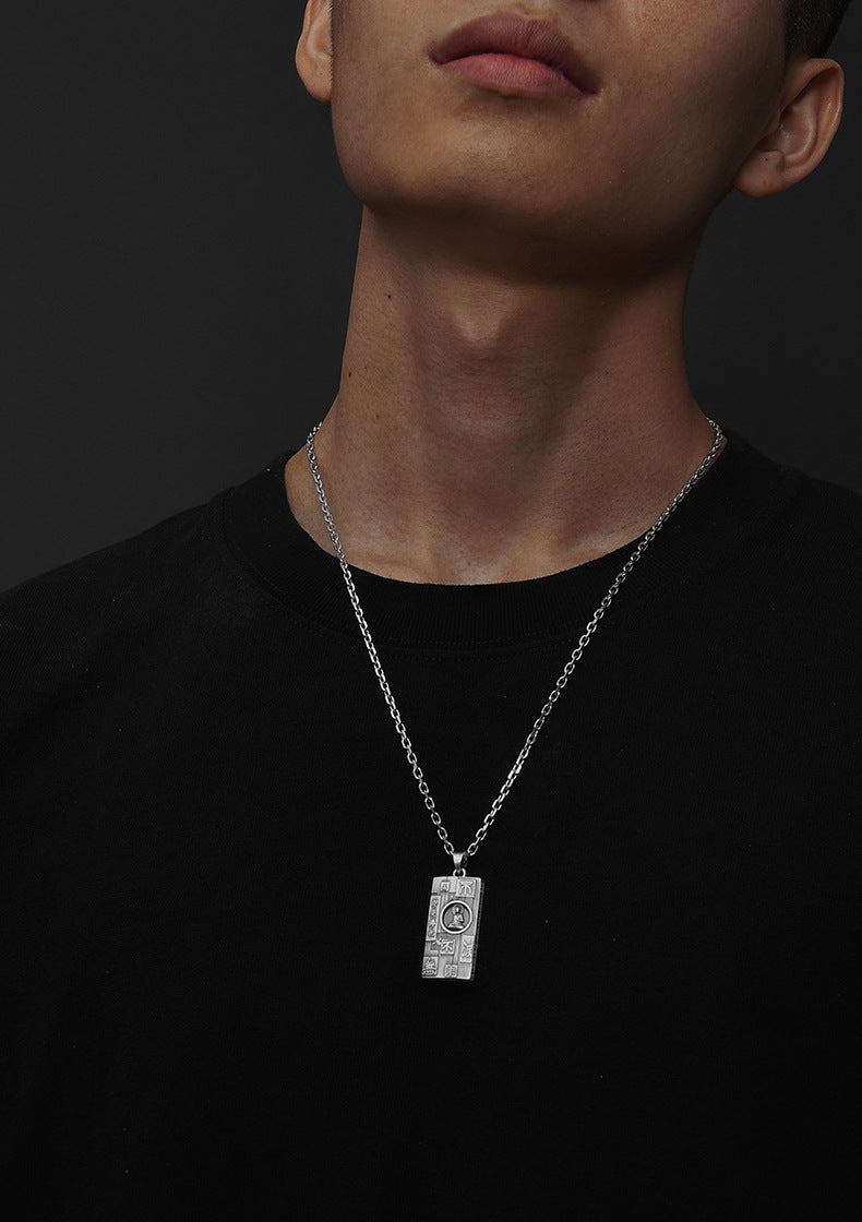 Zensoullab Thai Silver Amulet Necklace Men's Damo Buddha Symbol Pendant Protective Talisman Hanging Ornament Square Plate Pendant for Boyfriend