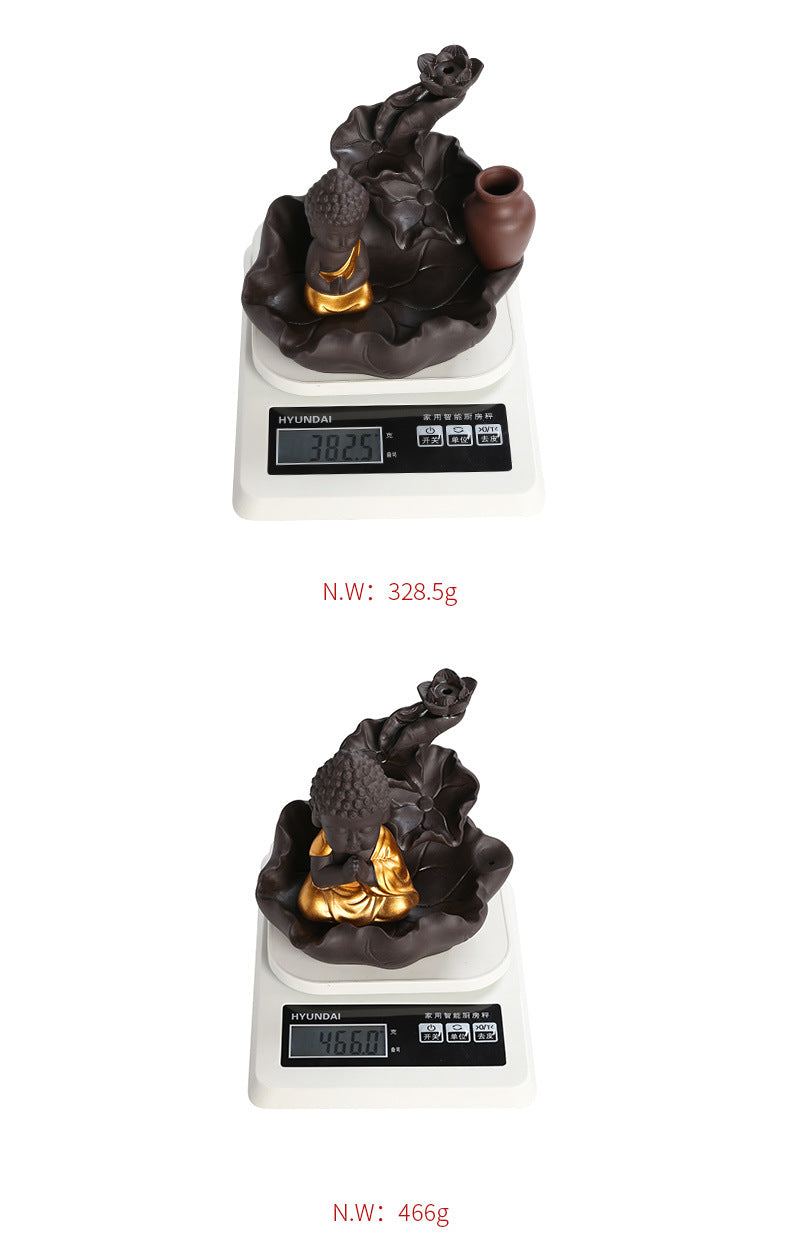 zensoullab Purple Clay Ceramic Backflow Incense Burner Crafts Creative Lotus Leaf Buddha Statue Small Novice Incense Burner Ornament