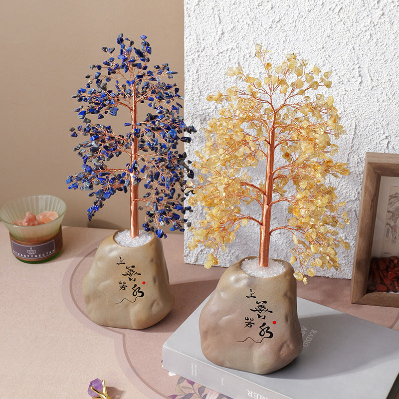 zensoullab Natural Yellow Crystal Crushed Stone Money Tree Hand-woven Copper Wire Home Office Opening Housewarming Wealth Tree Gift Ornament