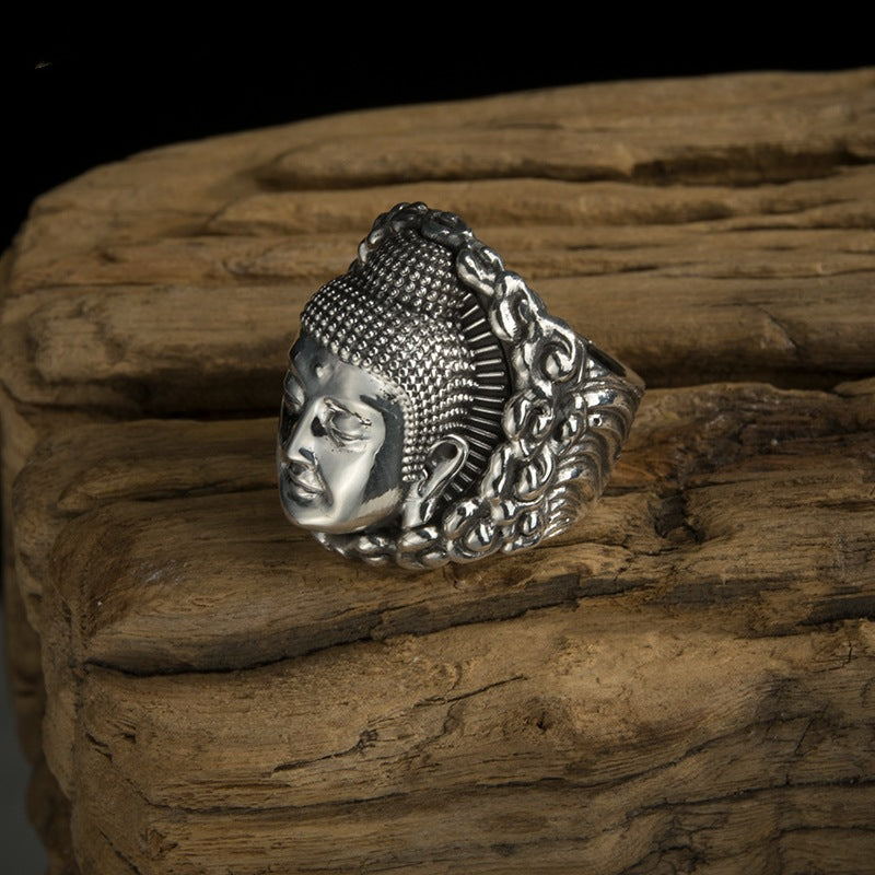 zensoullab Ethnic Style Thai Silver Amitabha Buddha Ring Vintage Great Sun Tathagata Buddha Head Personality Ring