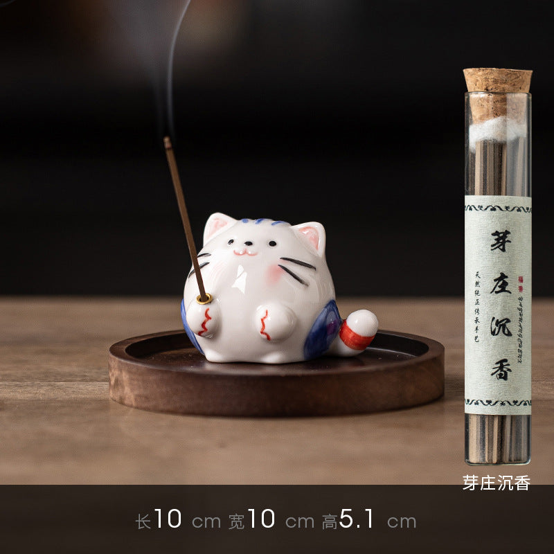 zensoullab Creative Ceramic Cute Little Cat Incense Holder Base Incense Tray Tea Room Tea Table Small Incense Burner Ornament Incense Burner
