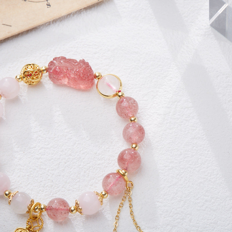 zensoullab Natural Strawberry Crystal Pink Crystal Double Bracelet for Women Strawberry Crystal Pixiu Wealth Flower Good Luck Crystal Bracelet