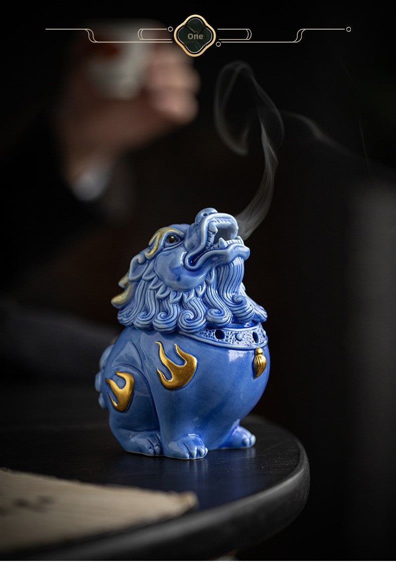 Zensoullab Creative Ceramic KIRIN Incense Coil Burner Home Indoor Auspicious Beast Incense Burner Sandalwood Agarwood Point Incense Box Desktop Incense Ceremony Decoration