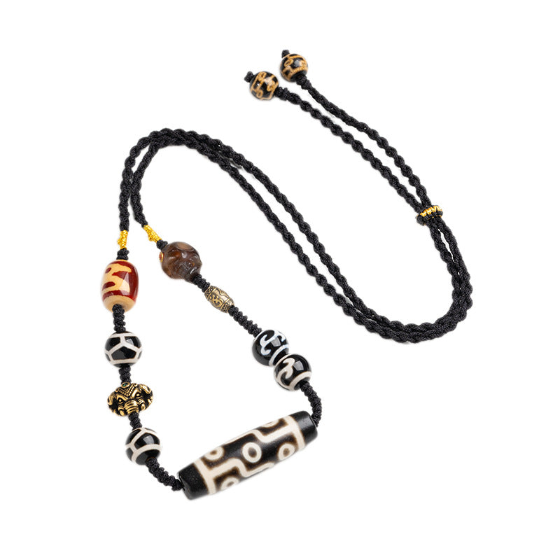 zensoullab Tibetan Nine-Eyed Dzi Bead Necklace with Layered Patina Multi-Totem Agate Pendant Couple Style Woven Necklace