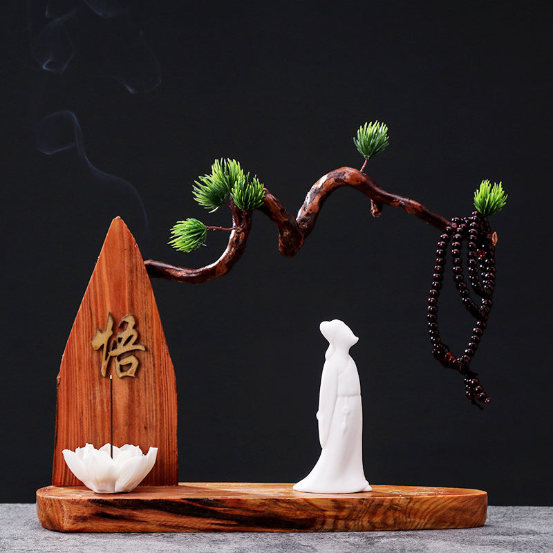 zensoullab Chinese Zen Style Formless Buddha Welcoming Guest Pine Root Carving Set Living Room Wine Cabinet Entrance Ceramic Li Bai Tea Table Home Decor