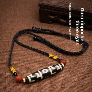 zensoullab Natural Tibetan Guru Rinpoche Three-Eyed Dzi Bead Necklace Agate Pendant Unisex Braided Necklace In Stock