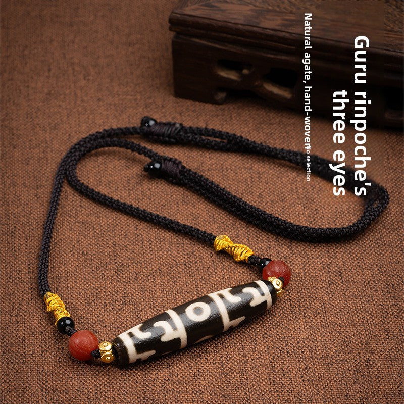 zensoullab Natural Tibetan Guru Rinpoche Three-Eyed Dzi Bead Necklace Agate Pendant Unisex Braided Necklace In Stock