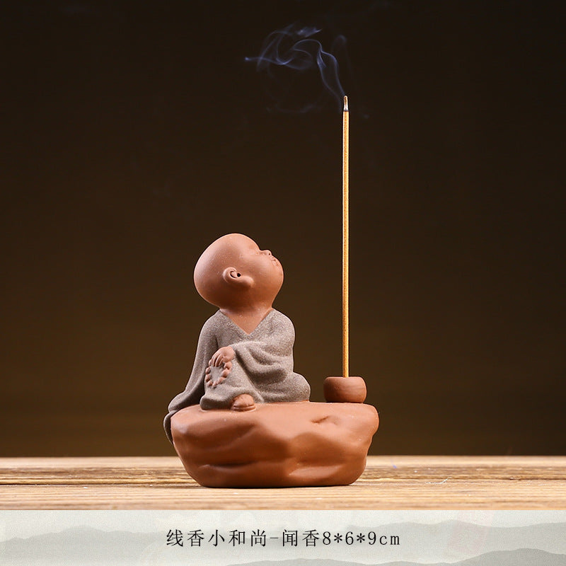 zensoullab Zen Purple Clay Little Monk Incense Holder Ornament for Car, Home, Indoor Living Room, Tea Tabletop, Incense Ceremony, Incense Seat, Incense Burner