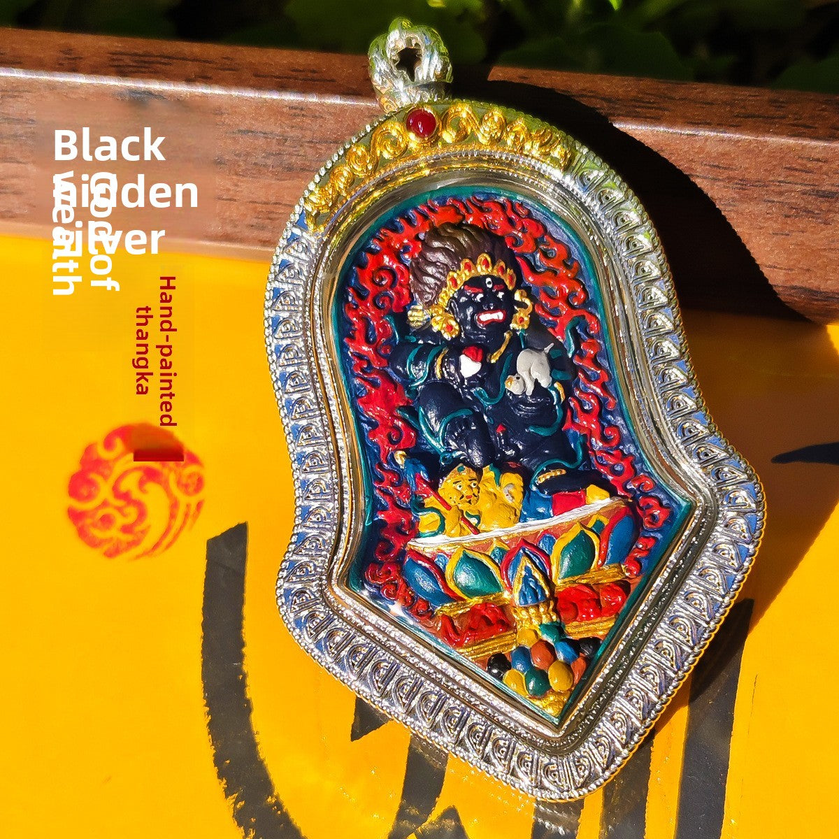 zensoullab Rubbing Thangka Hand-painted 3D Black God of Wealth Tibetan Painted Buddha Small Thangka Buddha Amulet Tibetan Silver Pendant Necklace for Men and Women