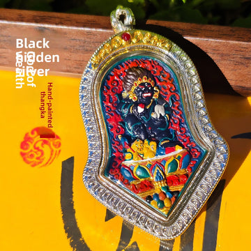 zensoullab Rubbing Thangka Hand-painted 3D Black God of Wealth Tibetan Painted Buddha Small Thangka Buddha Amulet Tibetan Silver Pendant Necklace for Men and Women