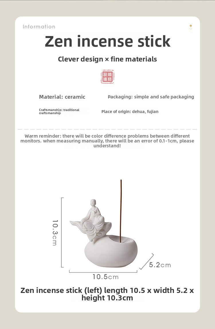zensoullab Premium White Porcelain Incense Burner Little Monk Incense Holder Home Indoor Zen Style Formless Buddha Ornament Sandalwood Agarwood Aromatherapy Burner