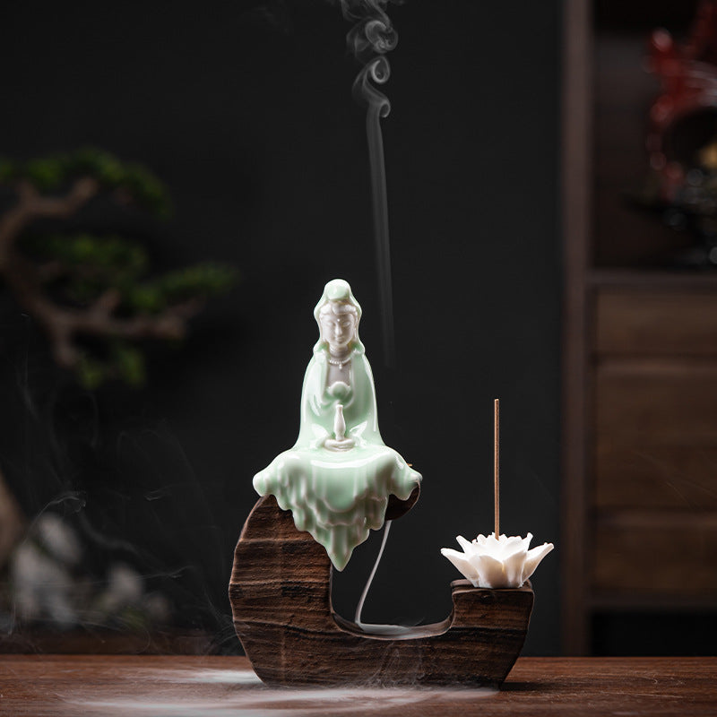 zensoullab Creative Backflow Incense Burner Home Aromatherapy Burner Ceramic Ornament Sandalwood Incense Holder Guanyin Buddha Statue Zen Living Room Decoration