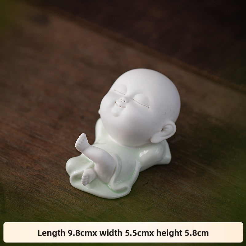 Zensoullab Cute Ceramic Monk Decoration Zen Decoration Fish Tank Landscape Celadon Samanera Tea Ornaments Tea Set Table-Top Decoration