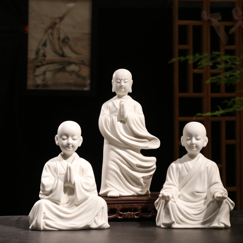 zensoullab Zen Style Dehua White Porcelain Little Monk Figurine Ceramic Little Novice Little Buddha Figure New Chinese Style Living Room Entrance Decoration