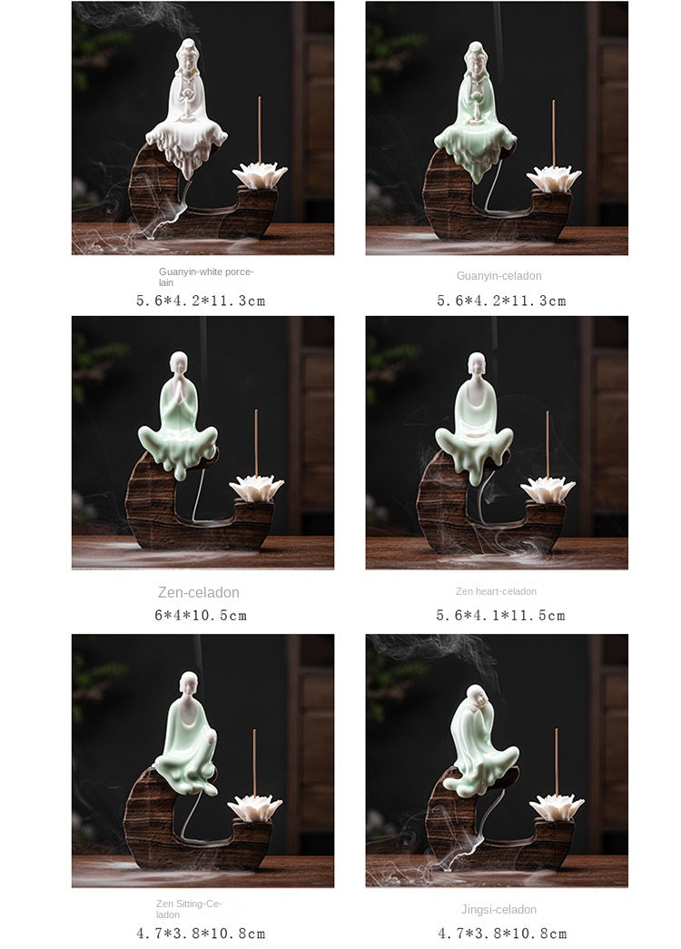 zensoullab Creative Backflow Incense Burner Home Aromatherapy Burner Ceramic Ornament Sandalwood Incense Holder Guanyin Buddha Statue Zen Living Room Decoration