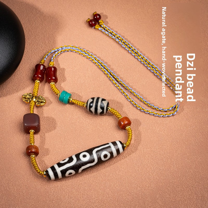 zensoullab Natural Yellow Nine-Eye Dzi Bead Necklace Taiwan Work Agate Pendant Unisex Couple Style Braided Necklace In Stock