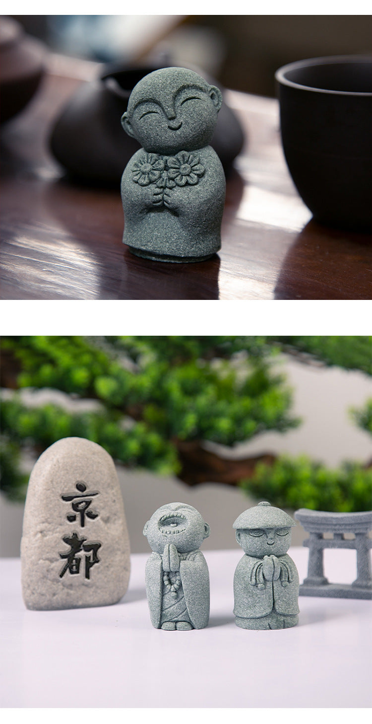 zensoullab Green Sand Stone Japanese Style Little Monk Home Aromatherapy Decoration Kyoto Kanzan Shape Fish Tank Aquarium Bonsai Matching Ornament