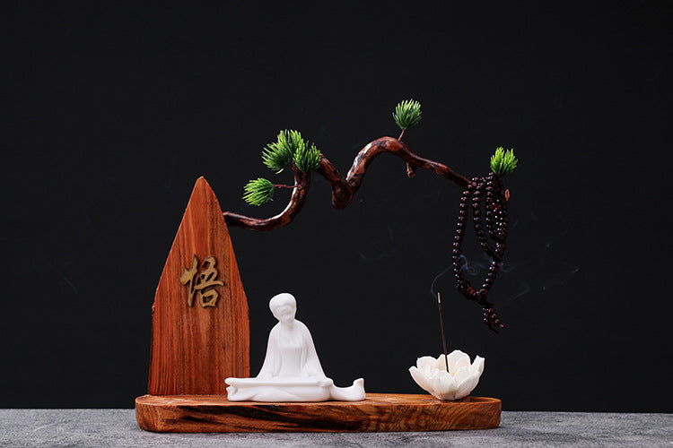 zensoullab Chinese Zen Style Formless Buddha Welcoming Guest Pine Root Carving Set Living Room Wine Cabinet Entrance Ceramic Li Bai Tea Table Home Decor