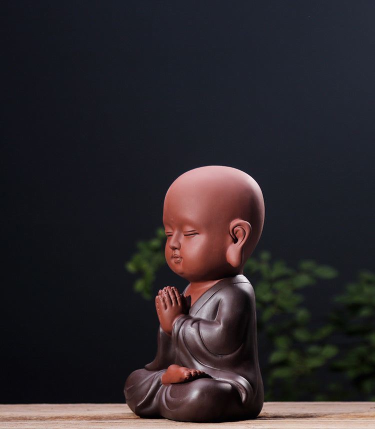 zensoullab Zen Purple Clay Blessing Little Monk Home Decor Chinese Style Entrance Living Room Buddha Hall Large Small Novice Figurine