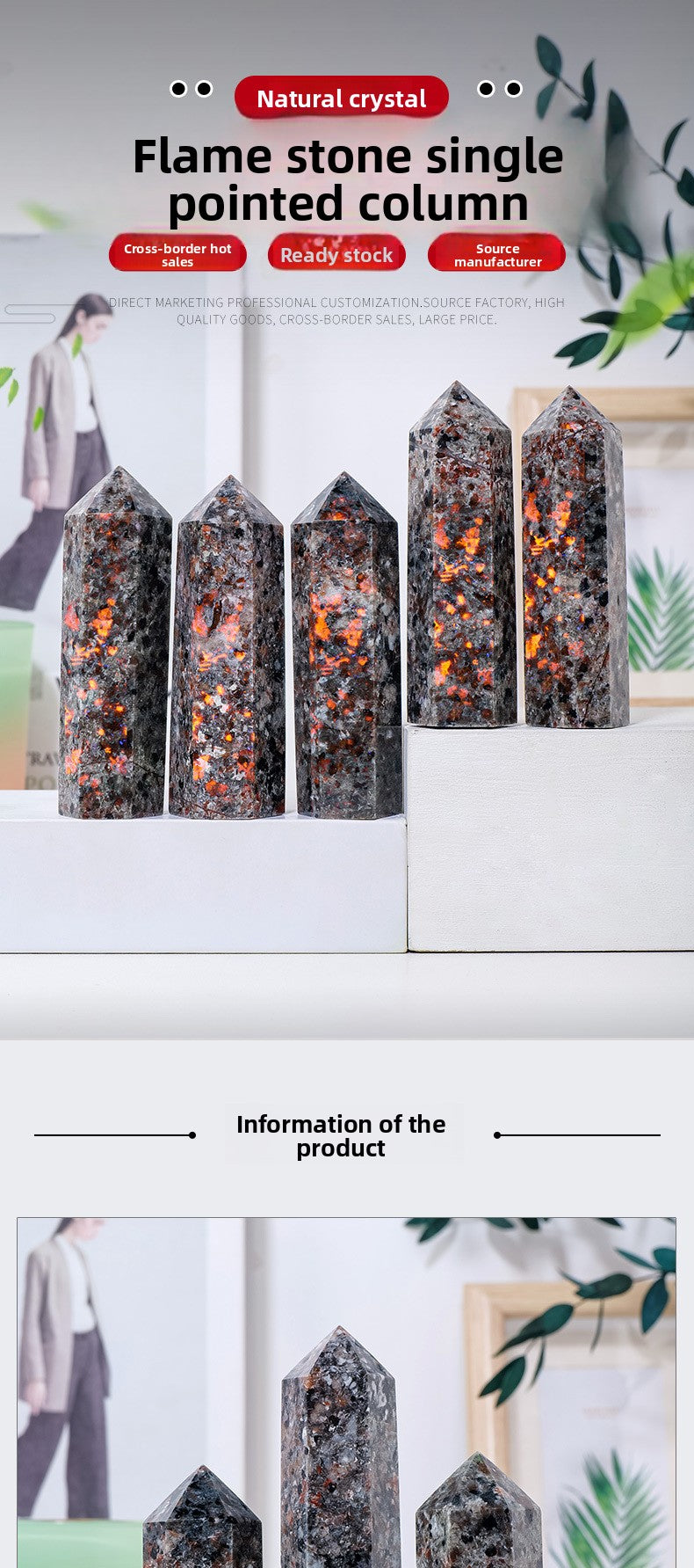 zensoullab Natural Crystal Flame Stone Hexagonal Column Fire Spirit Stone Raw Stone Polished Single Pointed Column Home Crystal Craft Ornament