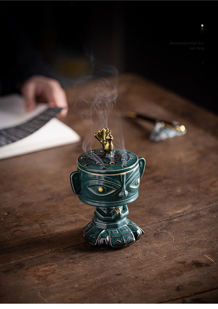 zensoullab Vintage Ceramic Cultural Creative Sanxingdui Incense Burner Home Indoor Sandalwood Burner Incense Burner Incense Supplies Aromatherapy Burner Ornament